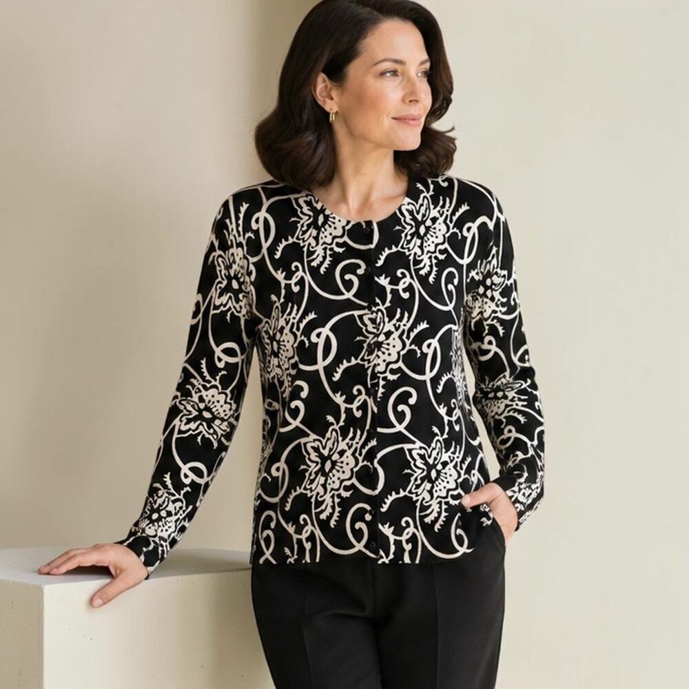 Cyrus Floral Cardigan Sweater Size M Black Ivory Button Front Preppy Cottage NWT